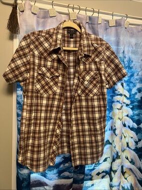 Bit and Bridle for her  ladies Short-Sleeve Brown Plaid Shirt XXL